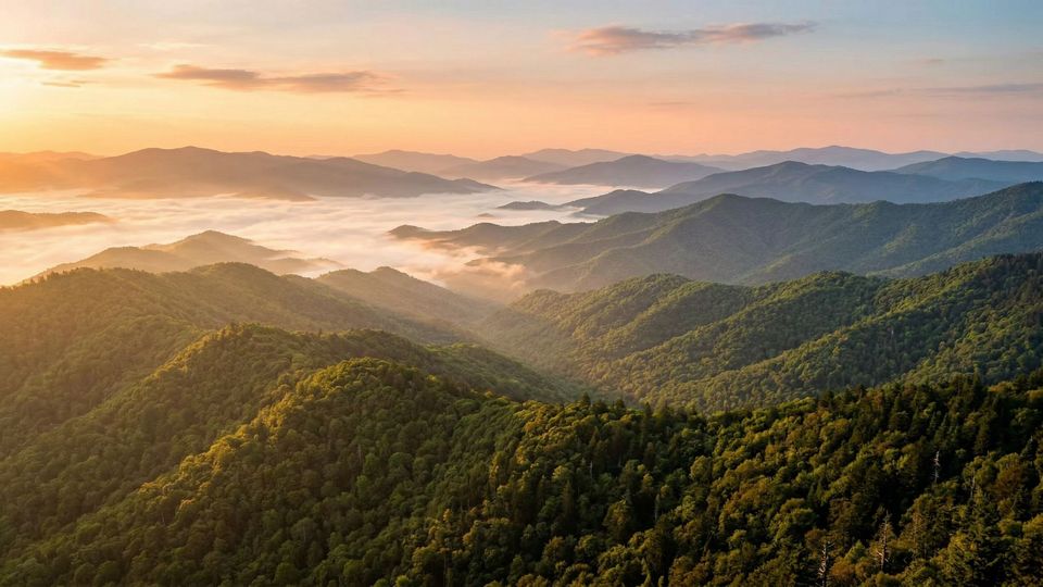 Tranquil misty morning landscape of the Great Smoky Mountains conveying deep peace and spiritual healing.