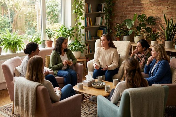 Diverse group of women participating in a compassionate and supportive therapeutic circle within a safe environment.